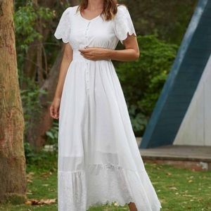 White Scallop Hem Vintage Short Sleeve V Neck Maxi Dress